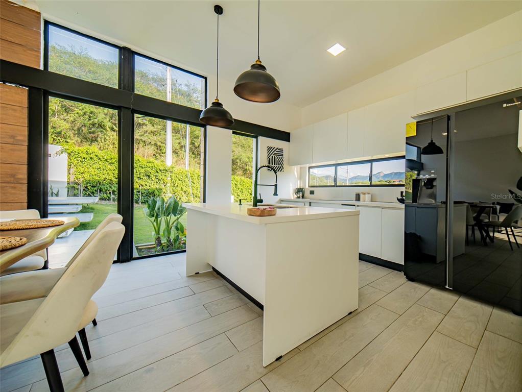 A modern kitchen features a white island, sleek cabinetry, and large windows overlooking a yard — 00 CEIBOPAMBA BARRIO EL ALGODONAL, LOJA/ ECUADOR, NY