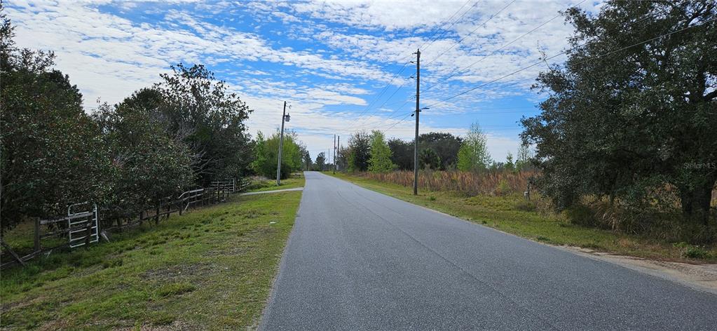 A paved road stretches into the distance between grassy fields and wooded areas — 24207 TURKEY LAKE ROAD, HOWEY IN THE HILLS, FL