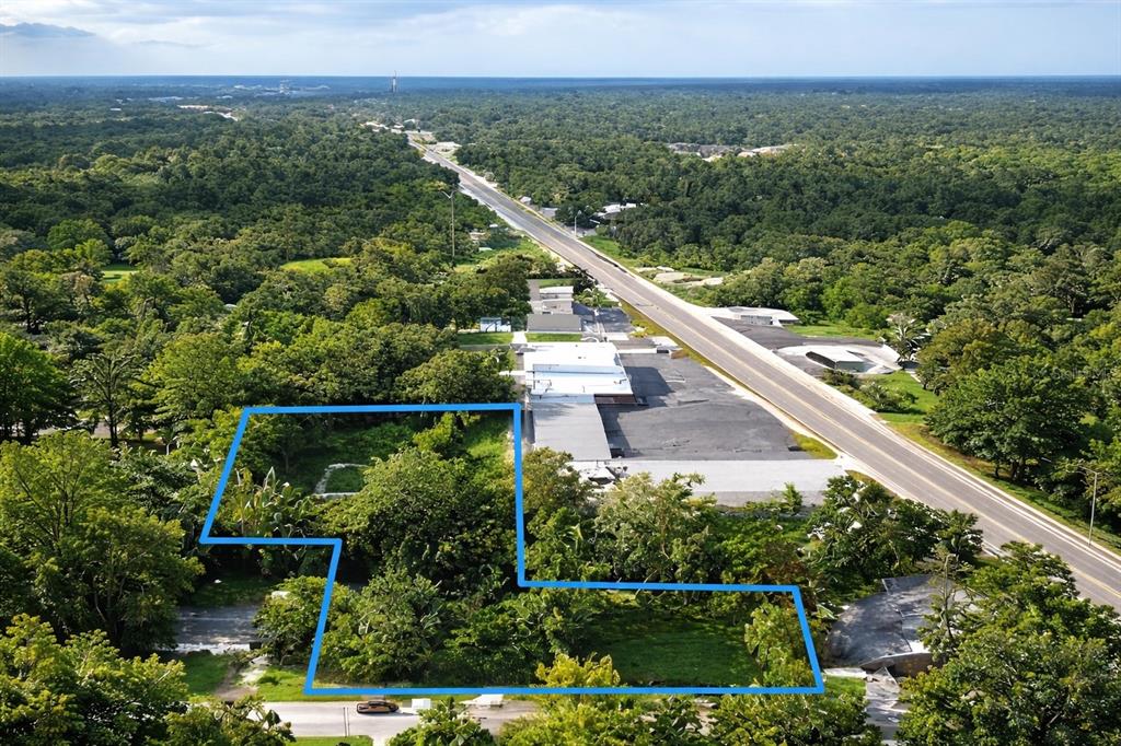 An aerial view shows a wooded, L-shaped vacant lot outlined in blue next to a road — 942 NE 35TH STREET, OCALA, FL