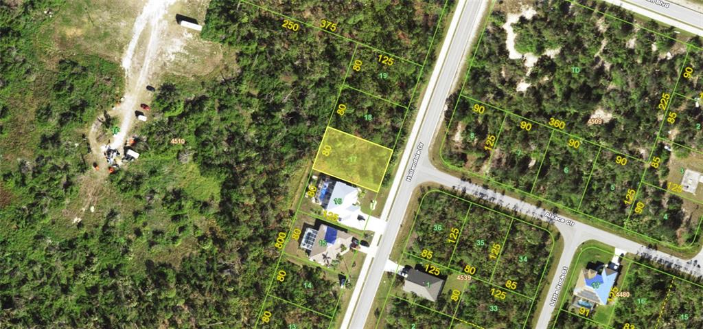 This is an aerial map showing a vacant residential lot highlighted in yellow along a street — 9387 HALLENDALE DRIVE, PORT CHARLOTTE, FL