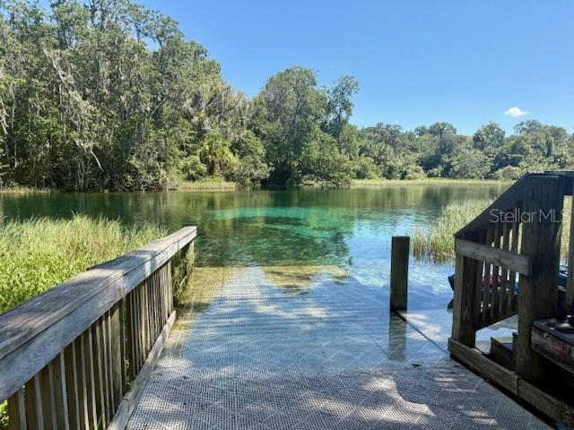 A wooden dock leads into a clear, spring-fed body of water surrounded by lush trees — 135 COURT SE, DUNNELLON, FL