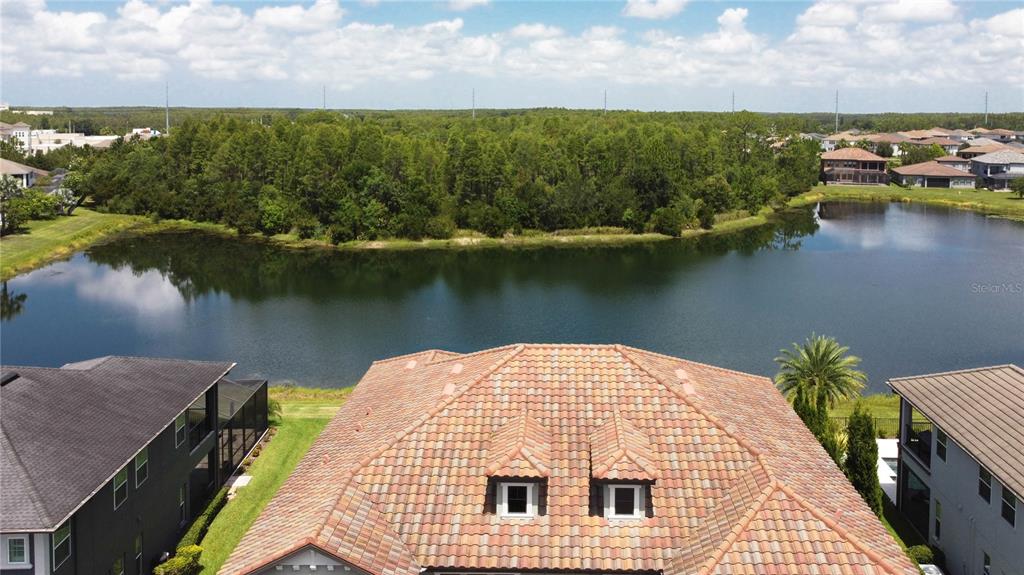 An aerial view shows a tiled roof house overlooking a lake and wooded area — 18014 WOODLAND VIEW DRIVE, LUTZ, FL
