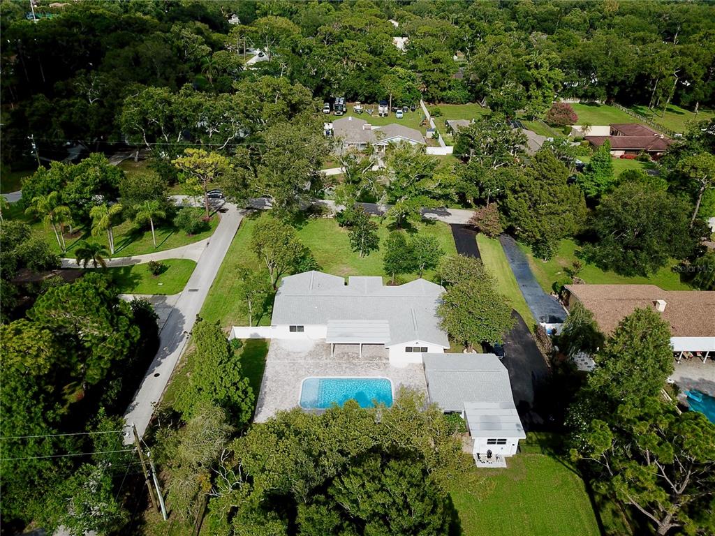 An aerial view shows a house with a swimming pool, patio, and surrounding trees — 1646 ROBIN HOOD LANE, CLEARWATER, FL