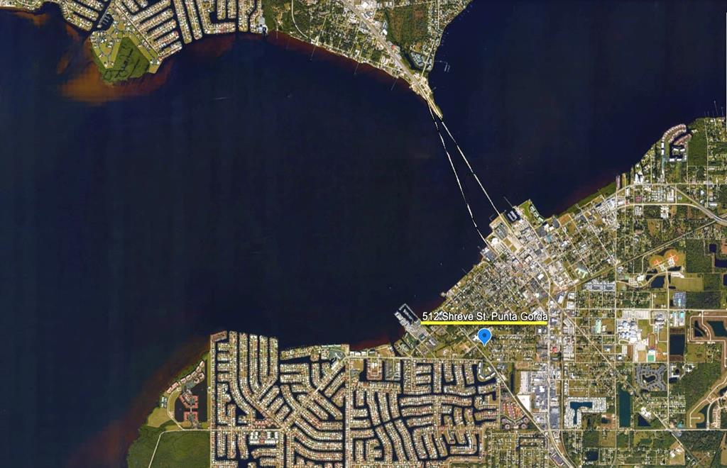 This is a satellite map view of a coastal area in Punta Gorda, Florida — 590 SHREVE STREET, PUNTA GORDA, FL