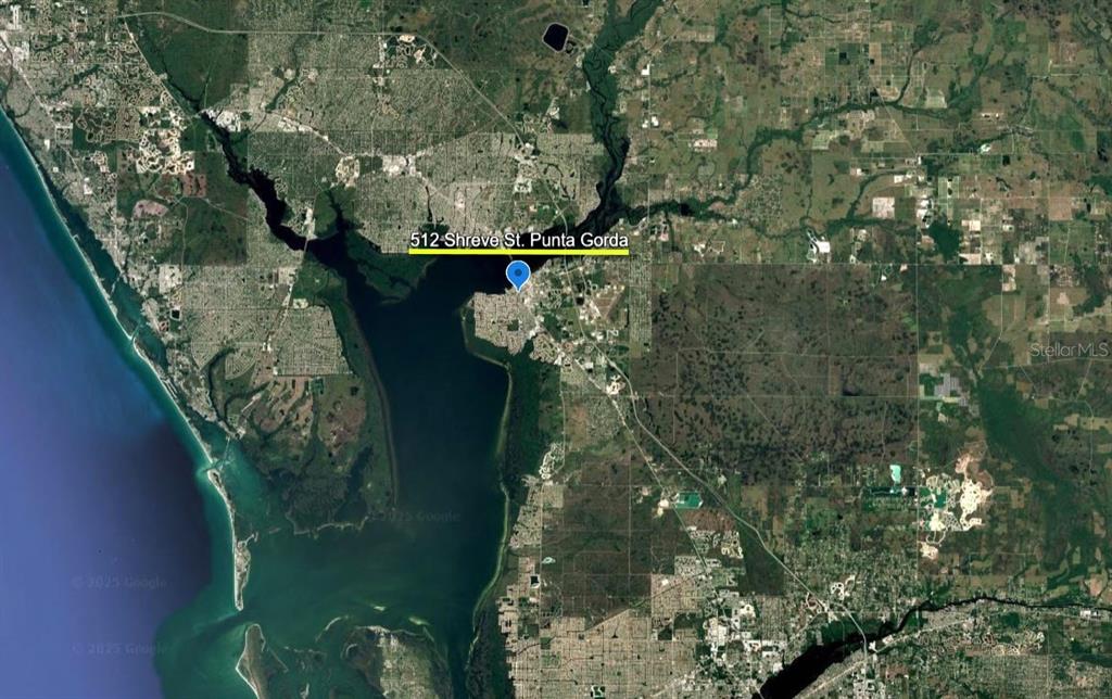This is a satellite map showing the location of a property in Punta Gorda, Florida — 590 SHREVE STREET, PUNTA GORDA, FL