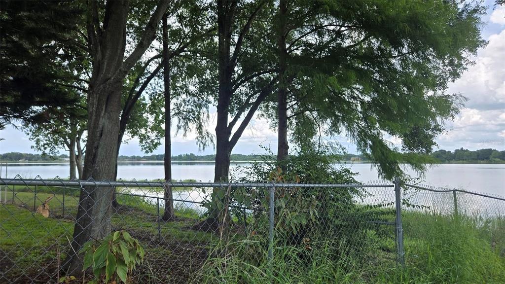 A chain-link fence separates a grassy yard from a lake framed by several large trees — DOMINO COURT LOT 9, ORLANDO, FL