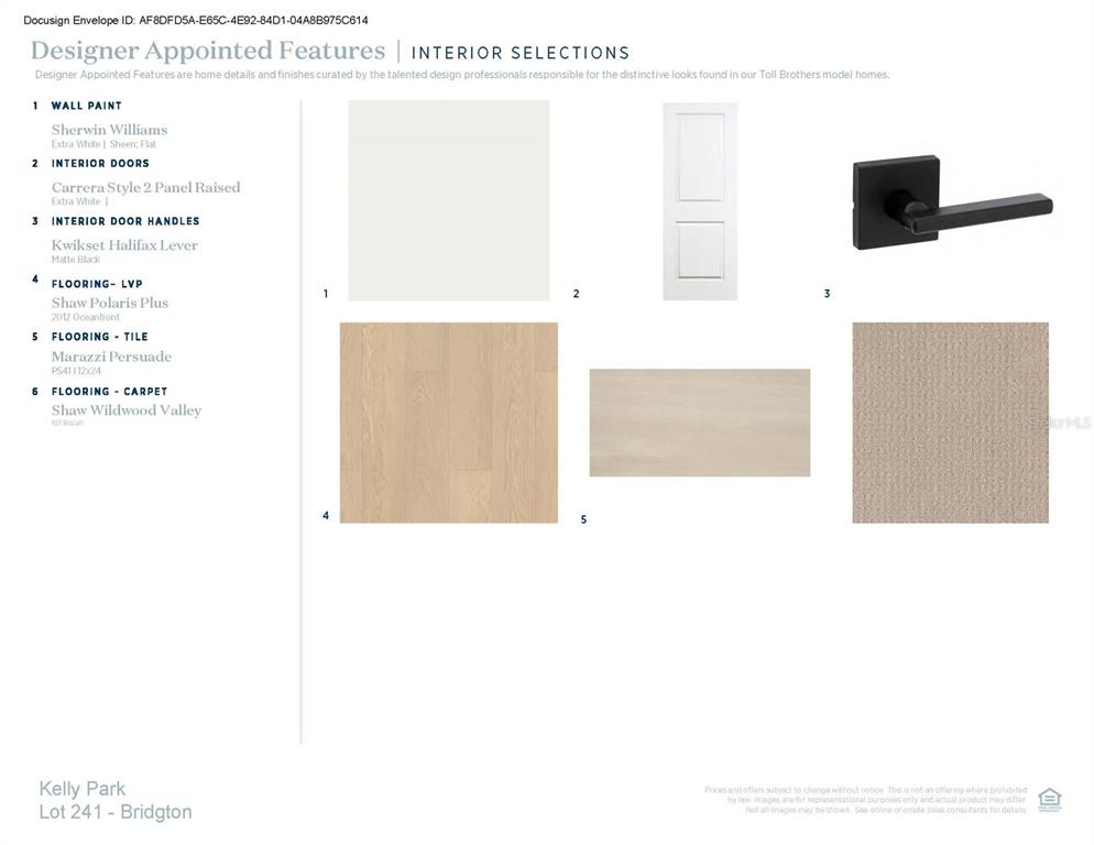 This document displays a list of interior design selections including paint, doors, hardware, and flooring — 2876 ARBOR DUNE AVENUE, APOPKA, FL