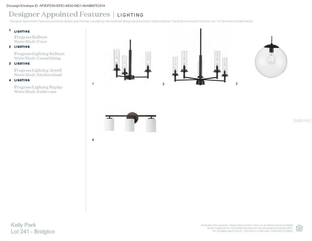 This document displays four matte black lighting fixtures selected for a home's interior spaces — 2876 ARBOR DUNE AVENUE, APOPKA, FL