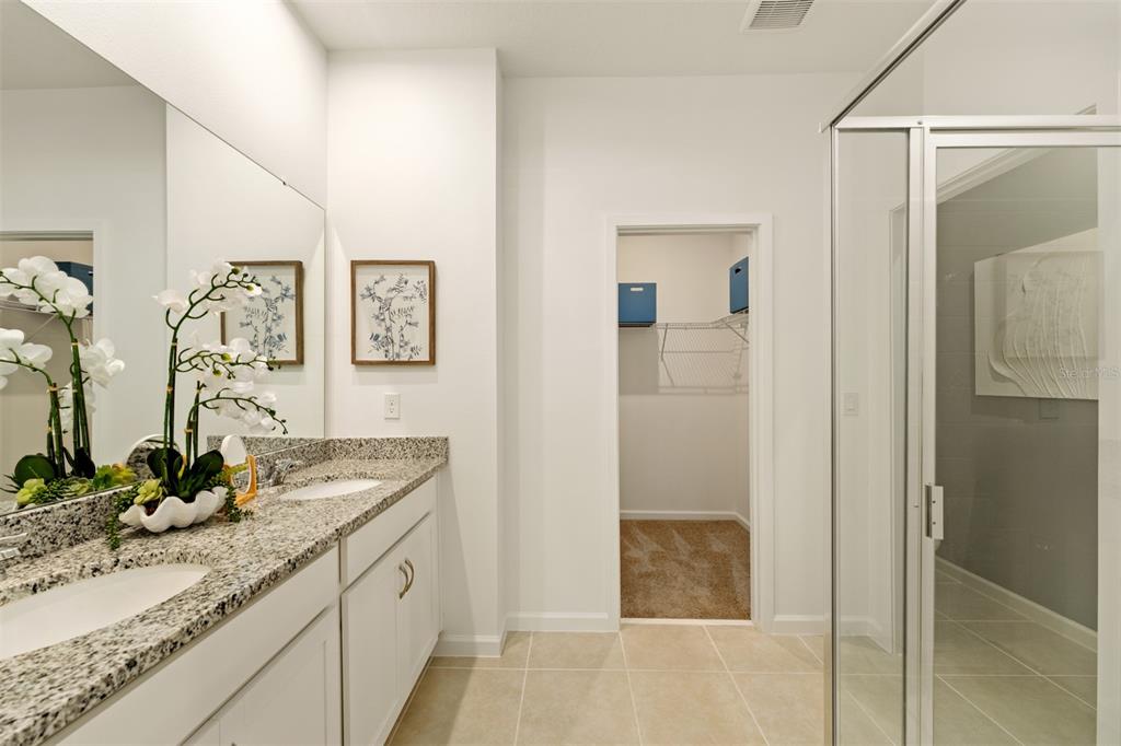 A bathroom features a granite-topped double vanity, a walk-in closet, and a glass-enclosed shower — 156 RAINWOOD STREET, GROVELAND, FL
