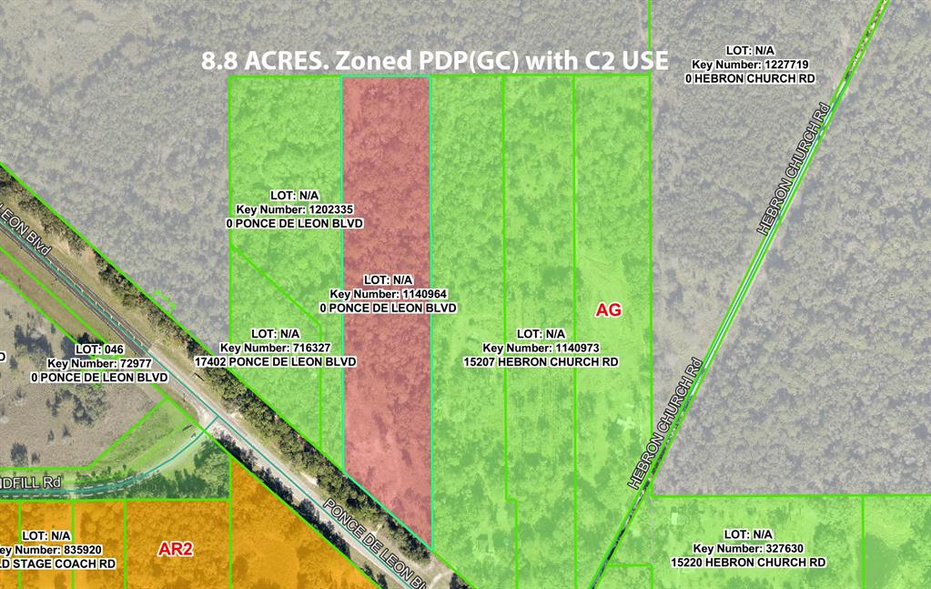 This is a map showing property boundaries, zoning designations, and key numbers for several land parcels — 17338 PONCE DE LEON BOULEVARD, BROOKSVILLE, FL