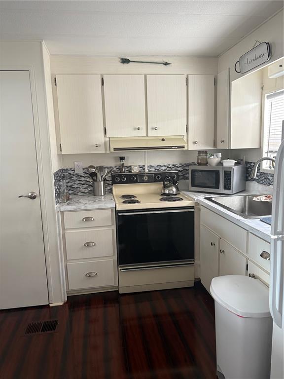 A kitchen features light-colored cabinets, a stove, a microwave, and dark wood-look flooring — 8300 SEMINOLE BOULEVARD UNIT 229, SEMINOLE, FL