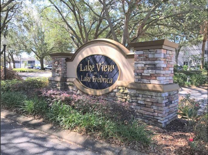 A stone monument sign displays the name Lake View on Lake Fredrica — 2364 OAK PARK WAY UNIT 102, ORLANDO, FL