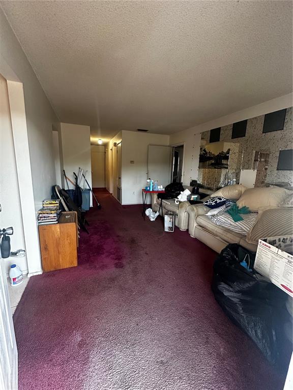 A living room features purple carpeting, a beige sofa, and a wall of mirrored tiles — 3350 E STATE ROAD 46, SANFORD, FL