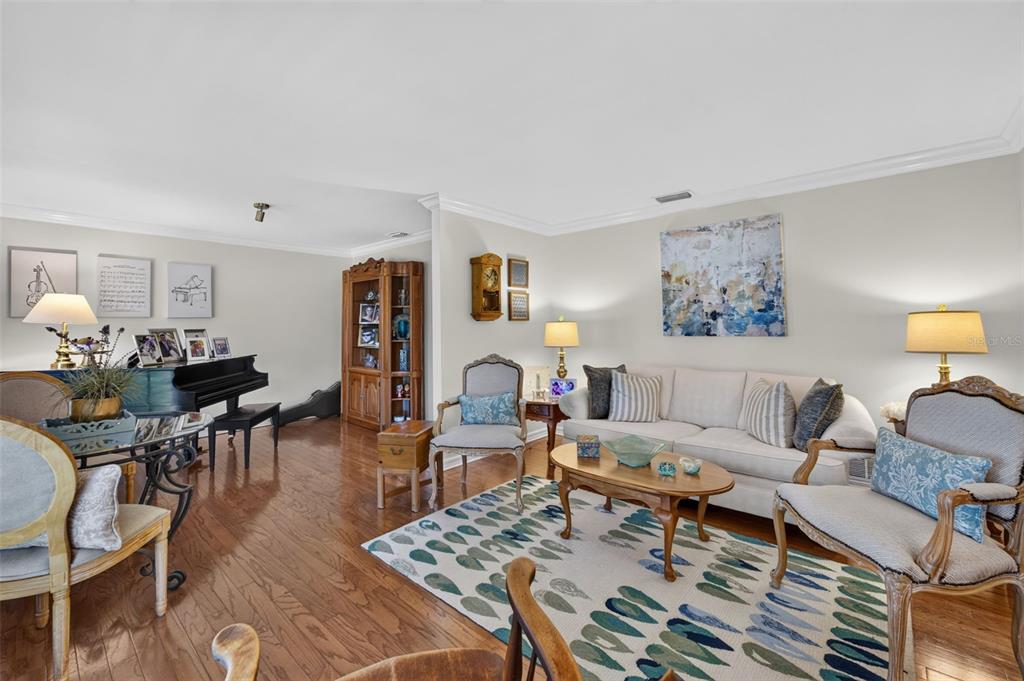 A living room with hardwood floors, a grand piano, a sofa, and patterned area rug — 823 WOODS COURT, MAITLAND, FL