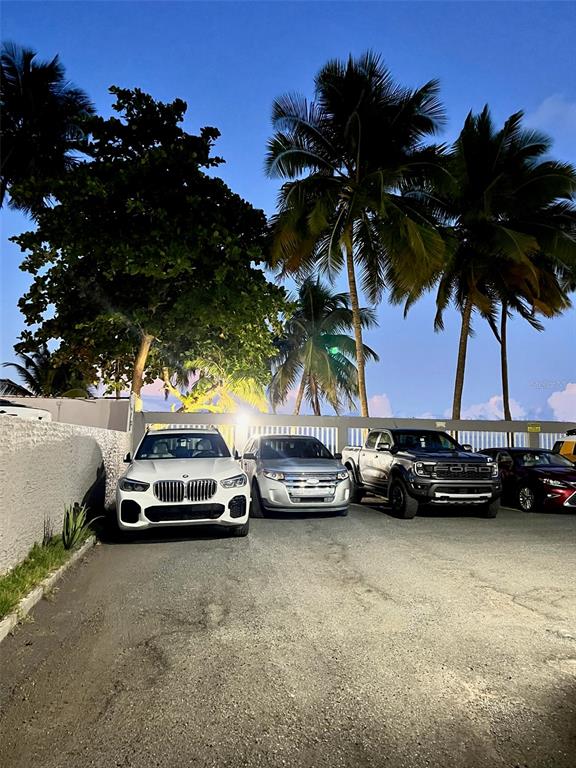 Three cars are parked in a paved lot in front of a white wall and palm trees — 3511 ISLA VERDE AVE UNIT 204, CAROLINA, PR