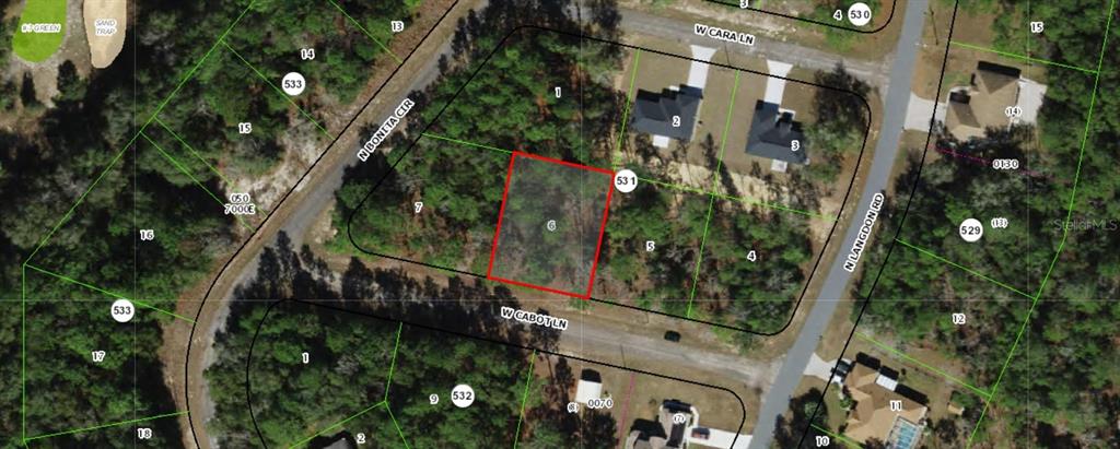 This is an aerial map showing a vacant lot highlighted in red within a neighborhood — 447 W CABOT LANE, DUNNELLON, FL