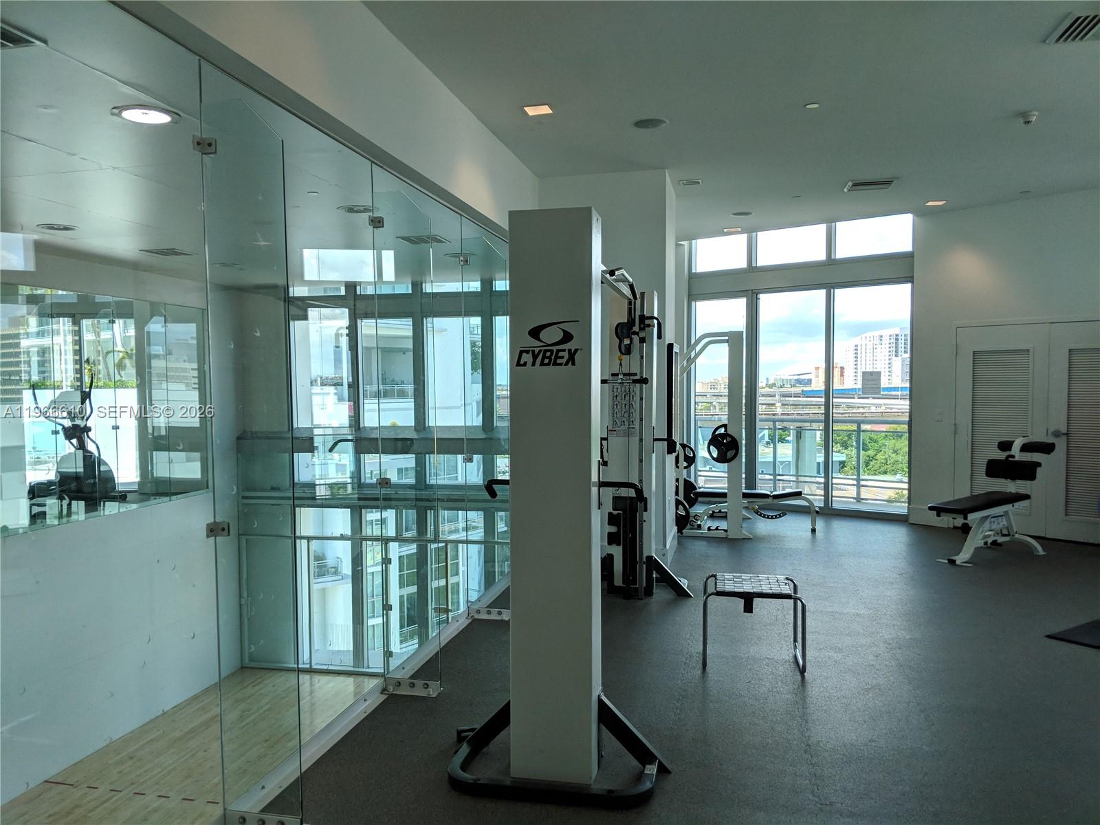 A modern gym features exercise equipment, glass walls, and large windows overlooking a city skyline — 350 S Miami Ave # 1901, Miami FL 33130, MIAMI, FL