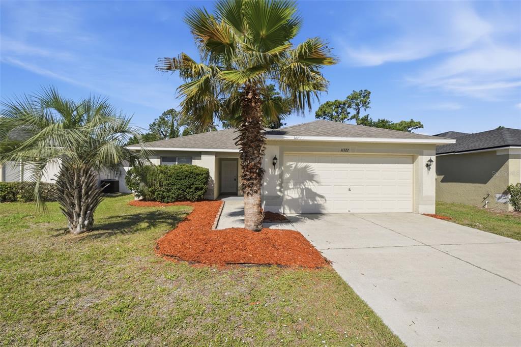 A single-story house with a beige exterior, a two-car garage, and a palm tree in front — 11727 BRENFORD CREST DRIVE, RIVERVIEW, FL