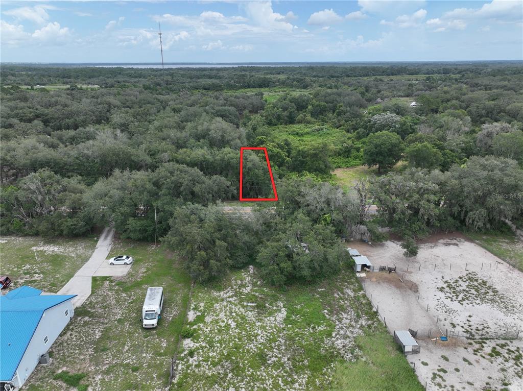 An aerial view shows a rectangular plot of land outlined in red amidst wooded terrain — 186 AVON PARK CUTOFF ROAD, FROSTPROOF, FL