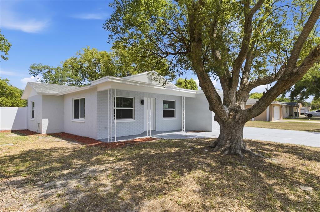A white, single-story brick house with a front porch and a large tree in front — 3042 BAHIA AVENUE, HOLIDAY, FL
