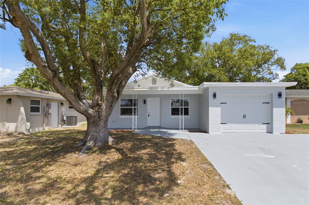 A single-story house with a white brick exterior, a garage, and a large front tree — 3042 BAHIA AVENUE, HOLIDAY, FL