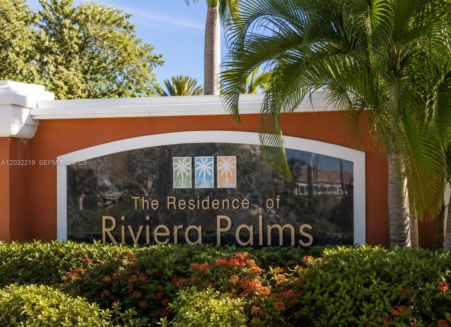 A sign for The Residence of Riviera Palms stands behind a hedge of flowering shrubs — 3854 Lyons Rd # 5, Coconut Creek FL 33073, COCONUT CREEK, FL