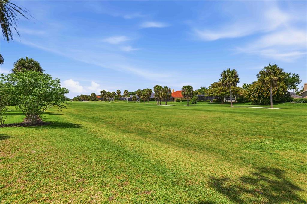 A wide, grassy golf course fairway is lined with palm trees and distant residential homes — 3953 PRAIRIE DUNES DRIVE, SARASOTA, FL