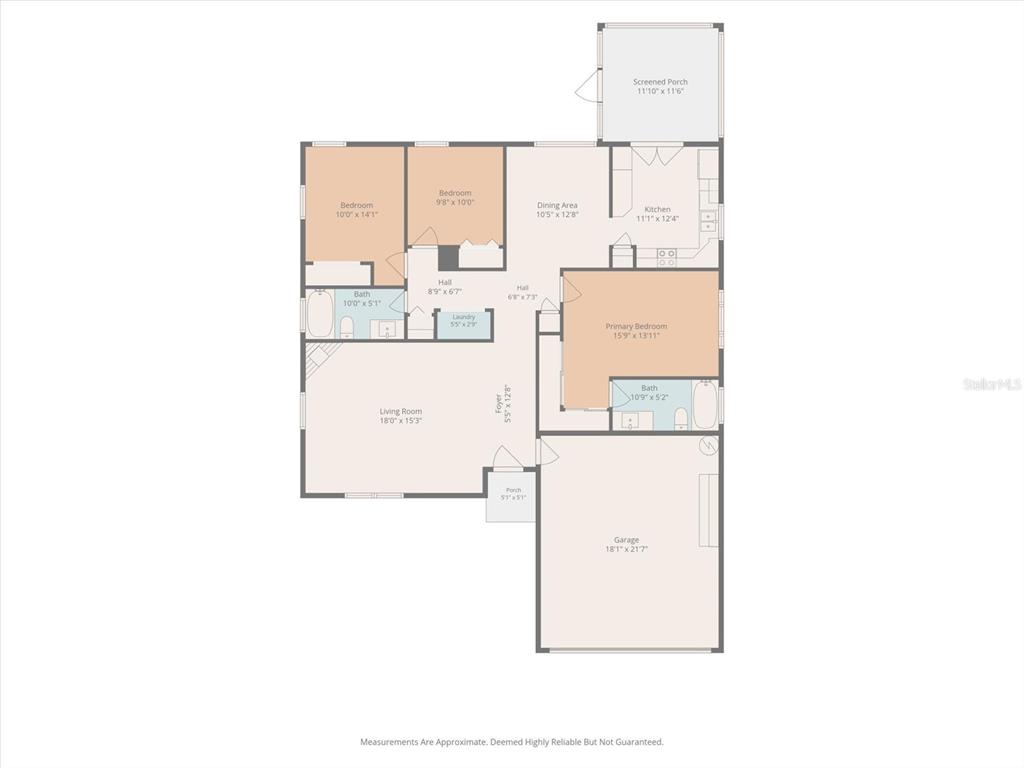 This is a floor plan showing a house layout with three bedrooms and a garage — 1105 TUXFORD DRIVE, BRANDON, FL