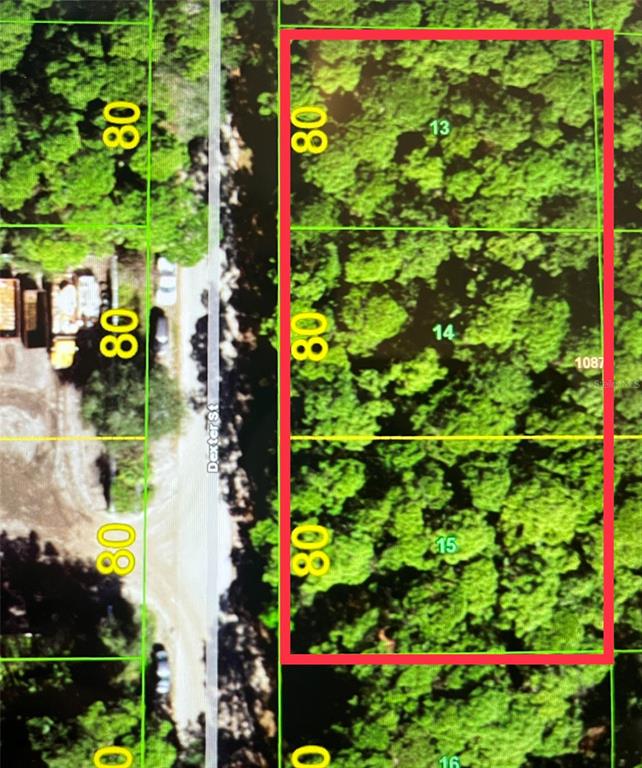 This is an aerial map showing three adjacent rectangular land parcels labeled 13, 14, and 15 — 392 & 400 DEXTER STREET, PORT CHARLOTTE, FL