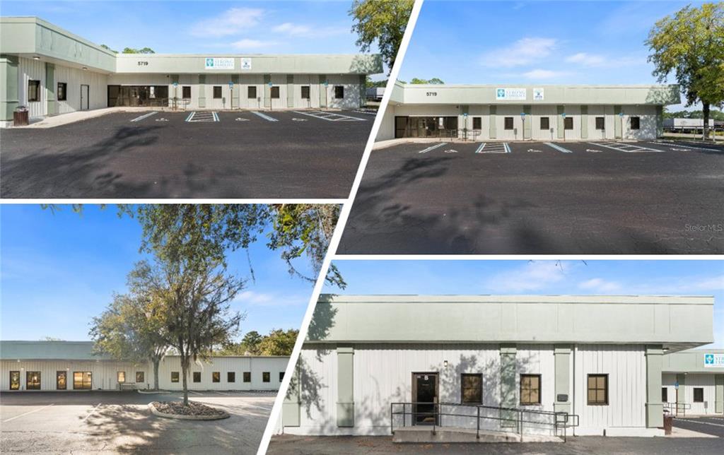 A collage shows the exterior of a single-story commercial building with a parking lot — 5719 NW 13TH STREET, GAINESVILLE, FL