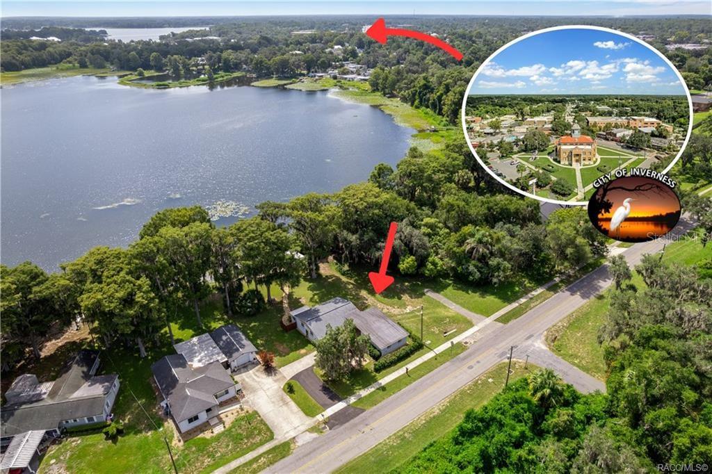 An aerial view shows a house near a lake with an inset of the city — 412 ELLA AVENUE, INVERNESS, FL