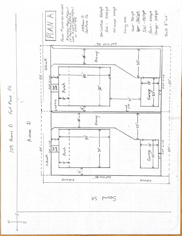 This is a site plan drawing showing two adjacent residential lots with footprints for houses — 109 AVENUE D, FORT PIERCE, FL