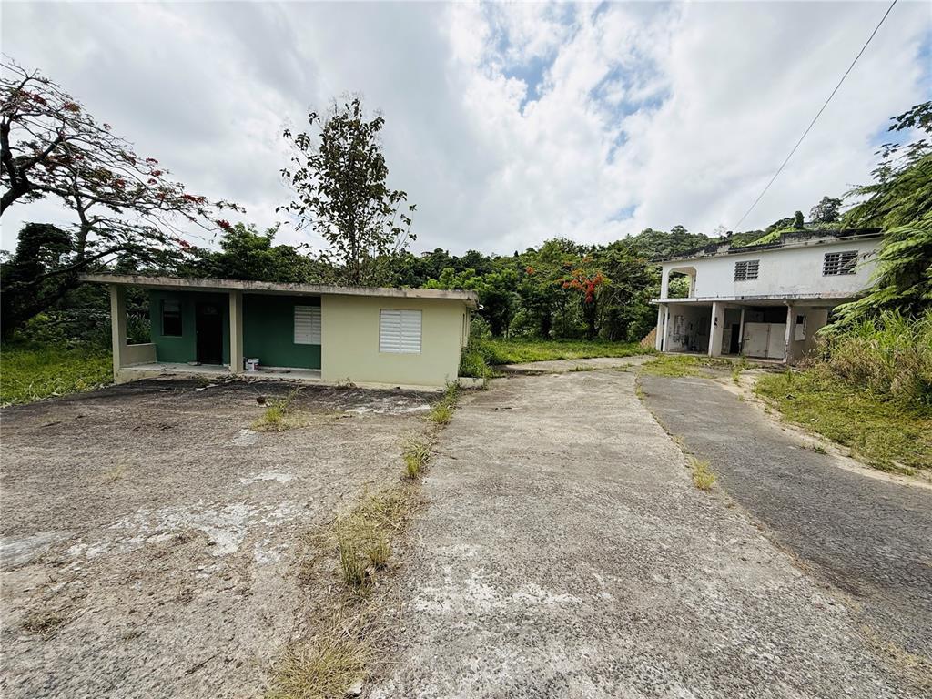 A concrete driveway leads to a small green house and a two-story white building — 183, RAMAL 916 BARRIO CERRO GORDO, QBDA. ARENAS #, SAN LORENZO, PR