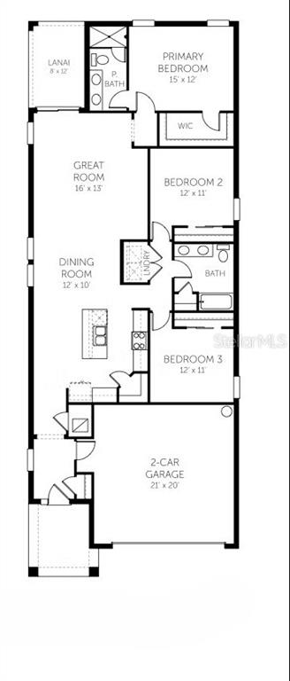This is a floor plan for a three-bedroom home with a two-car garage and lanai — 8124 SUNNY POINT TRAIL, PARRISH, FL