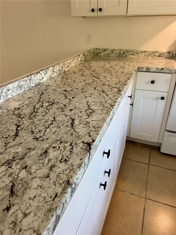 A kitchen features white cabinets with black hardware and a speckled granite countertop — 1549 TANGELO CIRCLE, KISSIMMEE, FL