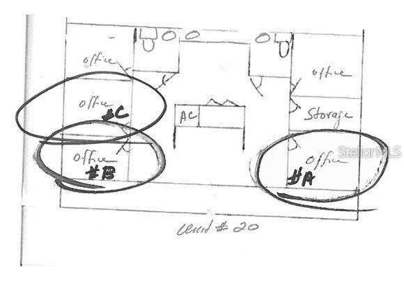 This is a hand-drawn floor plan showing the layout of a commercial office unit — 2801 SW COLLEGE ROAD, OCALA, FL
