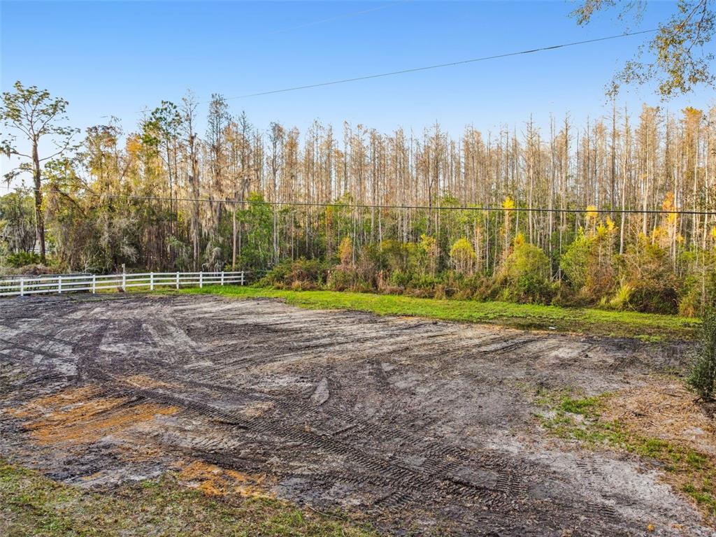A muddy, cleared lot features tire tracks and a white fence bordering a wooded area — 26305 BLUESTRIPE DRIVE, WESLEY CHAPEL, FL