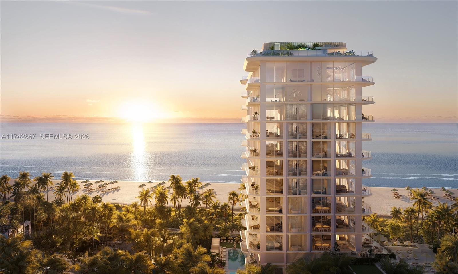 This is a rendering of a modern high-rise residential building situated on a sandy beach — 1671 Collins Ave # 11B, Miami Beach FL 33139, MIAMI BEACH, FL