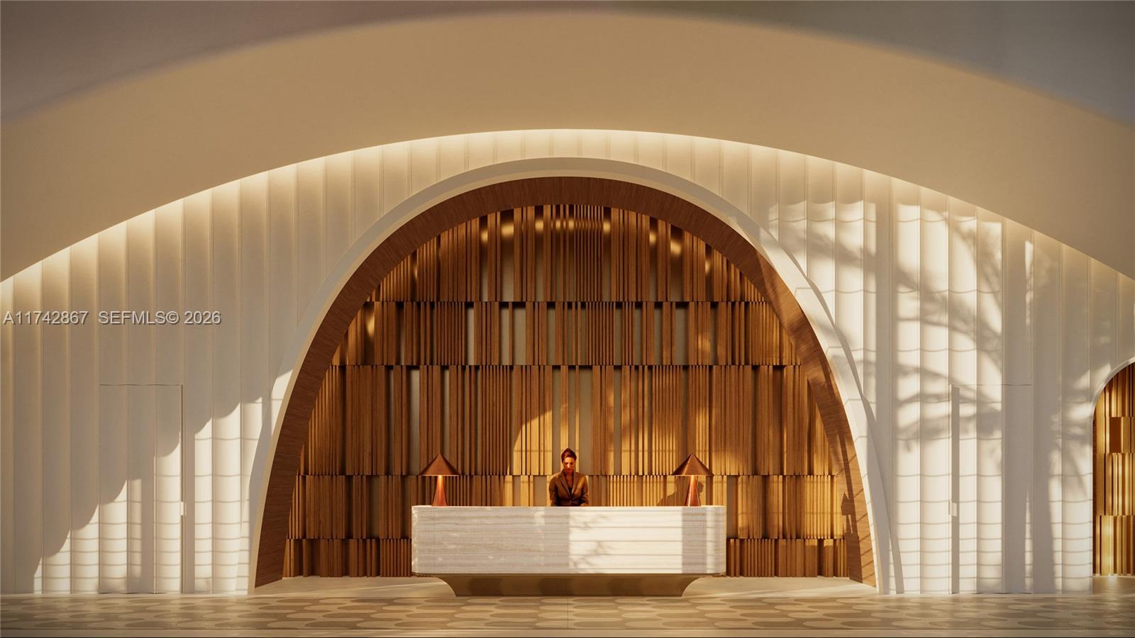 This is a rendering of a modern hotel lobby featuring a stone reception desk — 1671 Collins Ave # 11B, Miami Beach FL 33139, MIAMI BEACH, FL