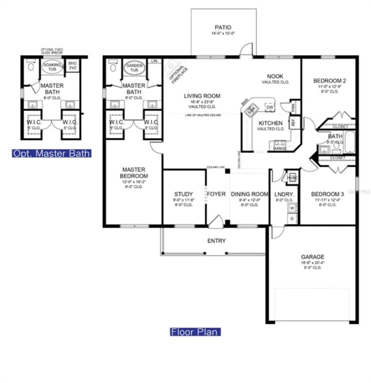 This floor plan shows a three-bedroom house with a garage, study, and optional master bath — 2104 BENNETT LANE, NORTH PORT, FL