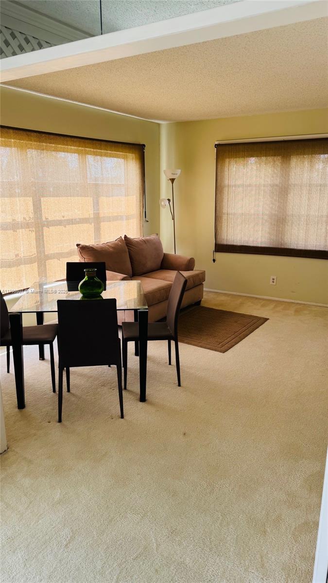 A living and dining area features beige carpeting, a glass table, and a brown sofa — 3150 N Palm Aire Dr # 801, Pompano Beach FL 33069, POMPANO BEACH, FL