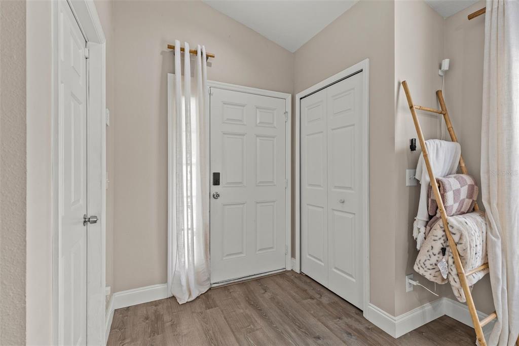 An entryway features wood-look flooring, a white front door, a closet, and a decorative ladder — 10611 LAKESIDE VISTA DRIVE, RIVERVIEW, FL