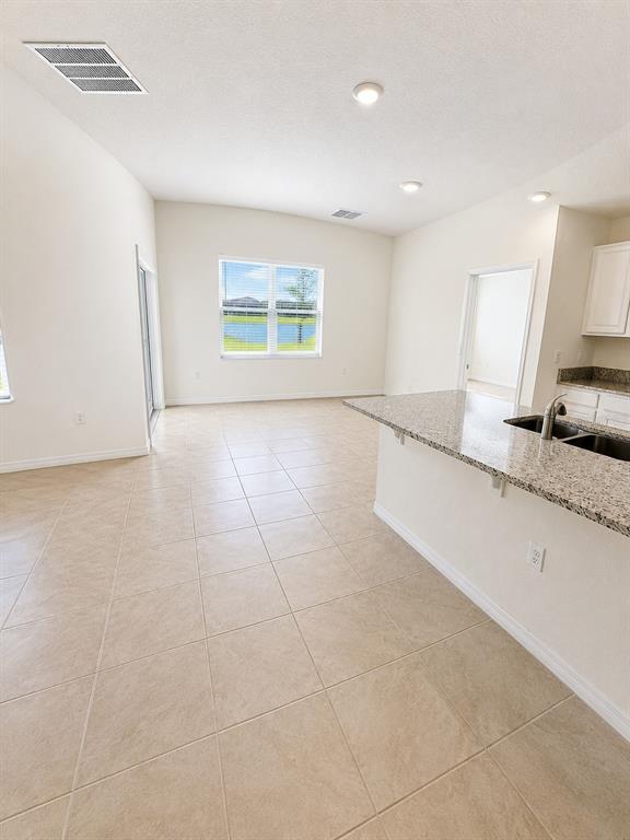 An open-concept kitchen and living area features tile flooring, granite countertops, and a lake view — 1071 BROOKLET DRIVE, DAVENPORT, FL