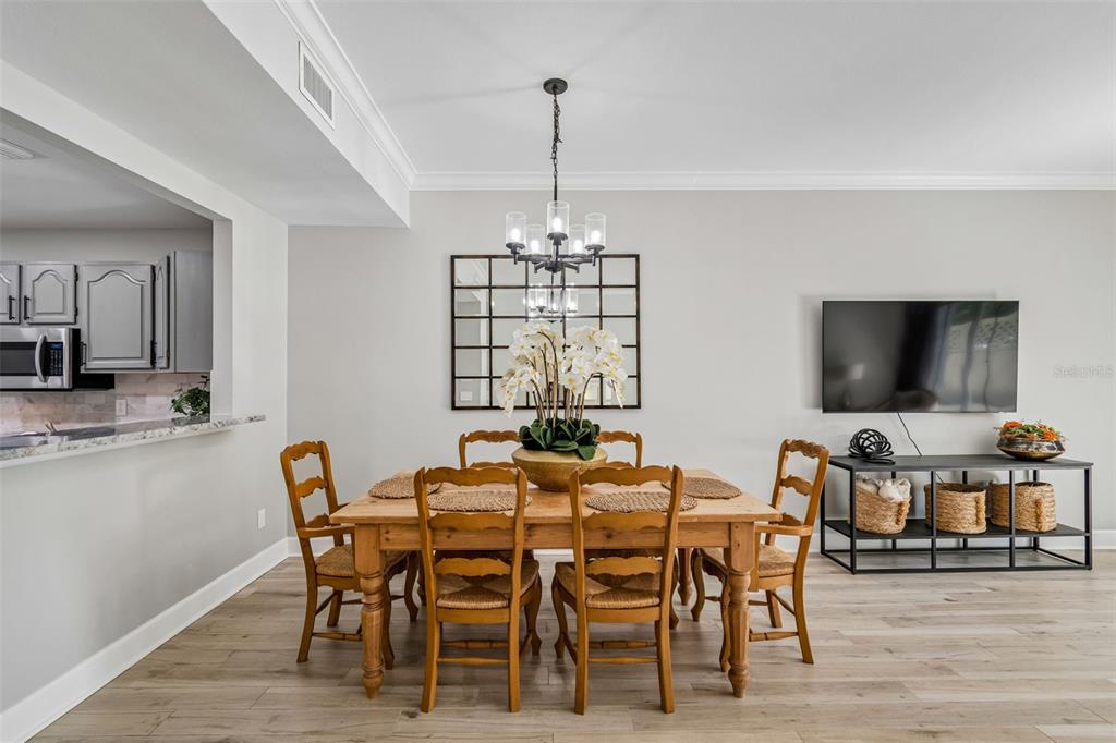 A dining room features a wooden table, six chairs, a chandelier, and a wall-mounted television — 1508 S BAY VILLA PLACE UNIT B, TAMPA, FL
