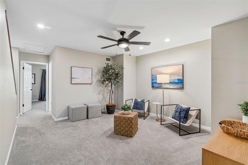 A carpeted living area features two modern chairs, a woven ottoman, and a ceiling fan — 1508 S BAY VILLA PLACE UNIT B, TAMPA, FL