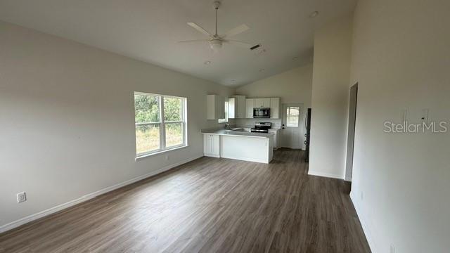 An open-concept kitchen and living area features white cabinetry, stainless steel appliances, and wood-look flooring — 4123 MANDARIN ROAD, SEBRING, FL