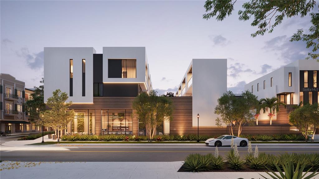 A digital rendering of a modern multi-story building with white facades and wood-paneled ground levels — 1625 4TH STREET, SARASOTA, FL