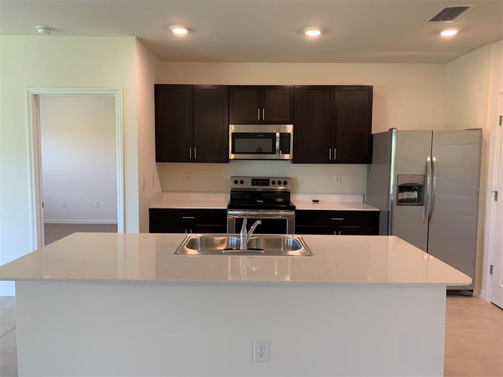 A kitchen features dark wood cabinets, stainless steel appliances, and a central island with quartz countertops — 341 TANDIL STREET, PUNTA GORDA, FL