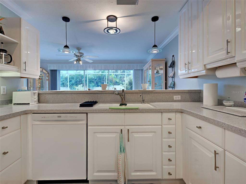 A kitchen features white cabinets, granite countertops, a double sink, and a view of greenery — 325 FIESOLE STREET, VENICE, FL