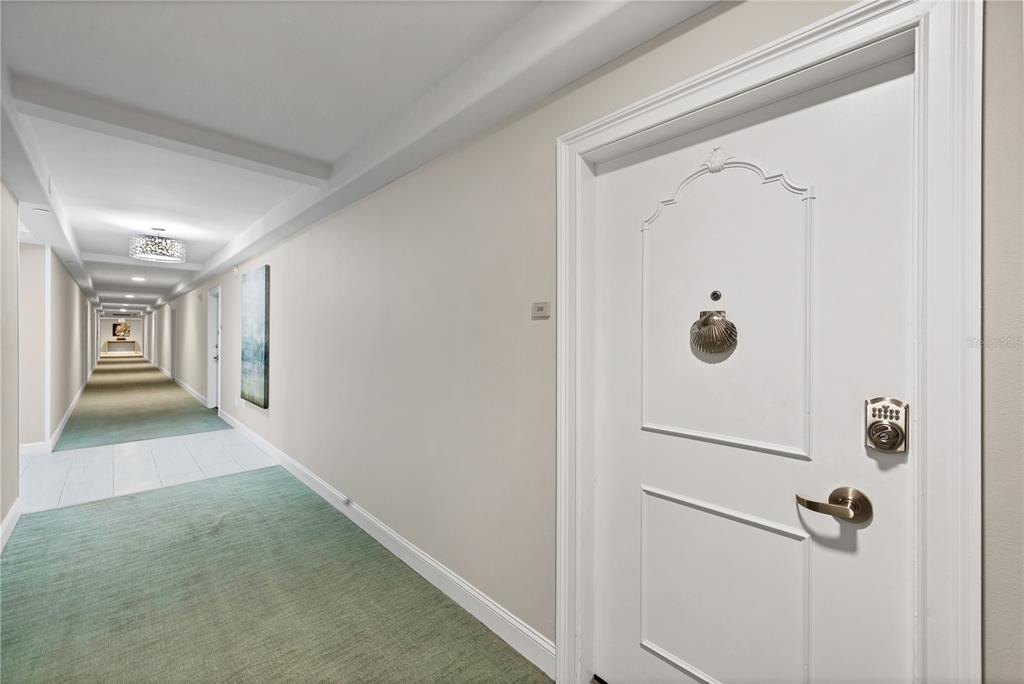 A white door with a seashell knocker opens into a long, carpeted apartment building hallway — 1212 BENJAMIN FRANKLIN DRIVE UNIT 508, SARASOTA, FL